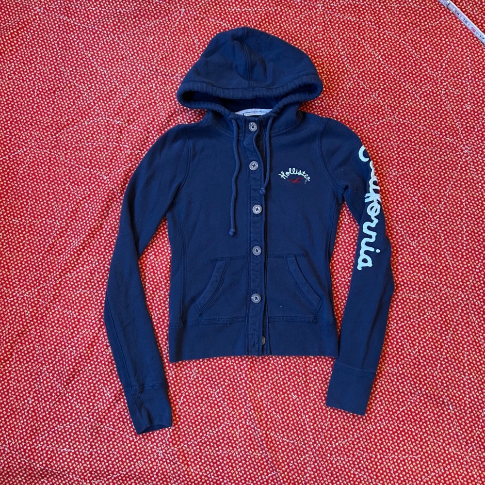 Hollister 2000s Womens XS Navy Blue Button Front Hoodie Sweatshirt Logo